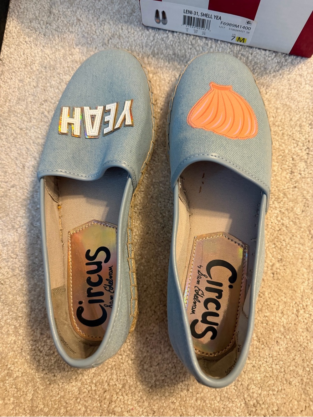 Sam Edelman Kids Light Blue Slip-On Shoes with 'YEAH' Patch and Orange Shell